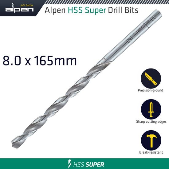ALPEN Hss Drill Bit Long 8 X 165mm Bulk