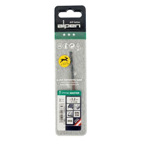 ALPEN Hss Sprint Master 3.2mm X3 Sleeved Din338 ALPEN Drill Bit