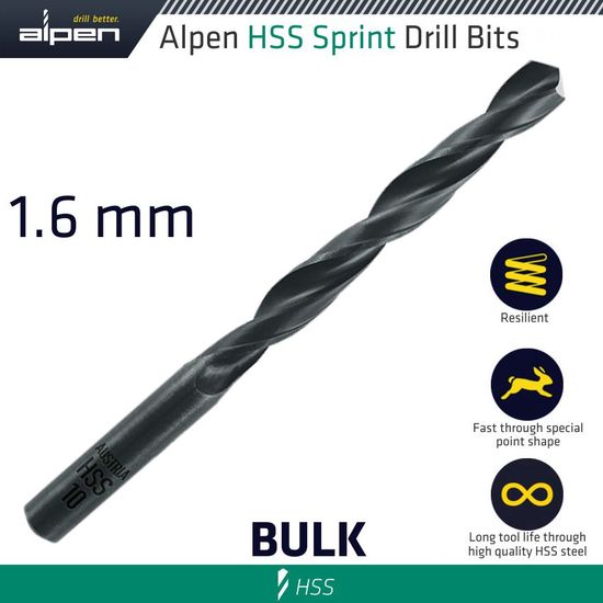 ALPEN Hss Sprint Drill Bit 1.6mm Bulk Ind.pack