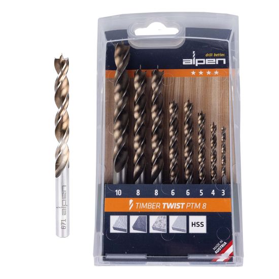 ALPEN Timber Twist Wood Drill Bit Set Ptm8-8 3, 4, 5, 10.0mm, X2 6, 8.0mm