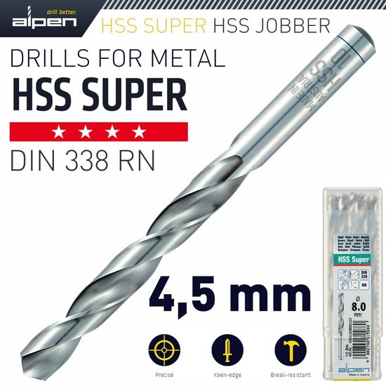 ALPEN Hss Super Drill Bit 4.5mm Bulk