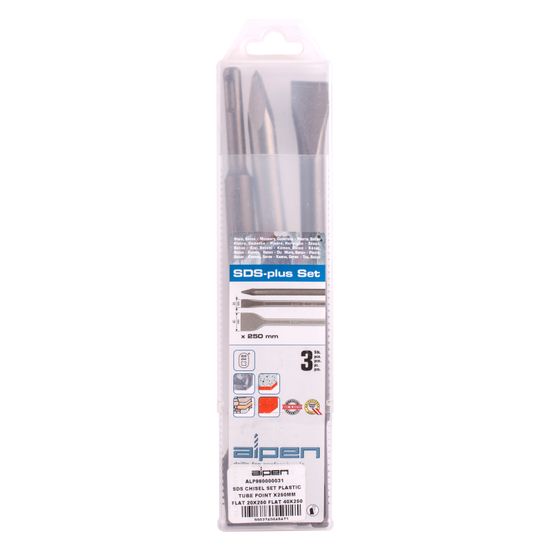 ALPEN Sds Chisel Set Plastic Tube Point X250mm Flat 20x250 Flat 40x250