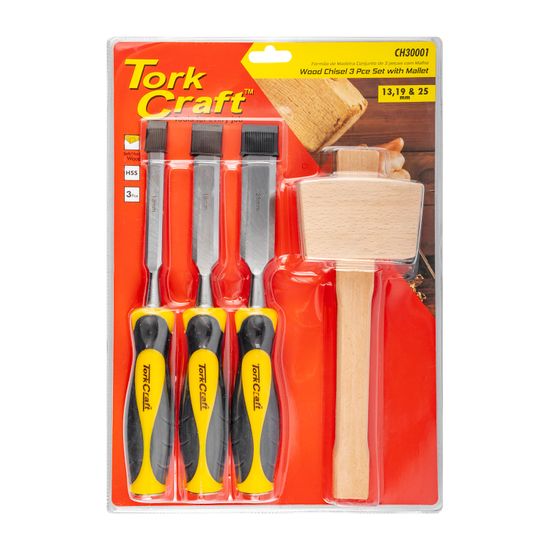 TORK CRAFT Chisel Set Wood 3 Piece Plus Wooden Mallet Blister