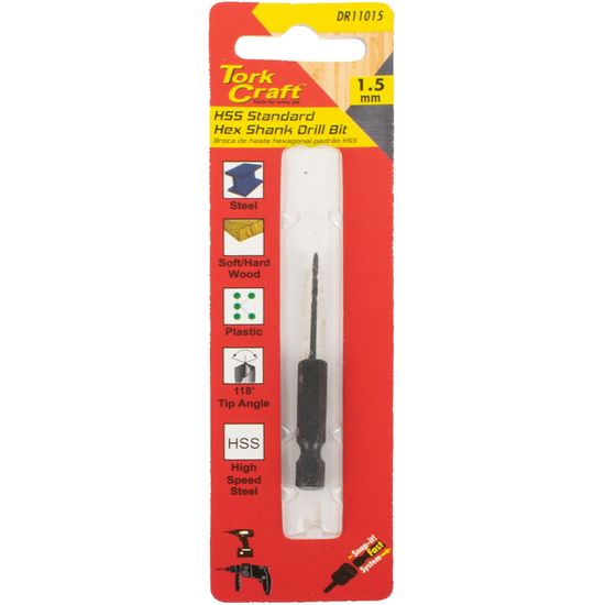 TORK CRAFT Drill Bit Hss Standard 1.5mm Hex Shank 1/card