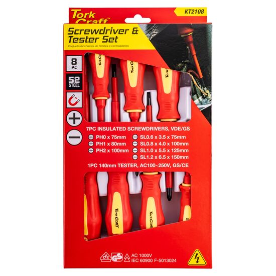 TORK CRAFT 8pc Screwdriver & Tester Set Electricians Insulated Vde