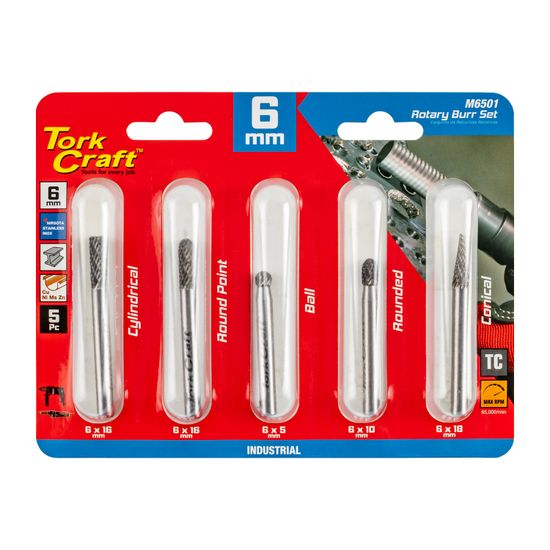 TORK CRAFT Rotary Burr Set 5 Pc Asstd 6mm Dia Tungsten