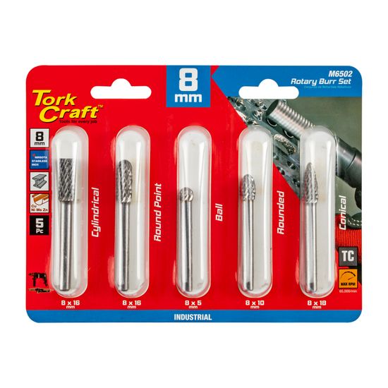 TORK CRAFT Rotary Burr Set 5 Pc Asstd 8mm Dia Tungsten