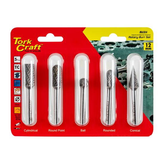 TORK CRAFT Rotary Burr Set 5 Pc Asstd 12mm Dia Tungsten
