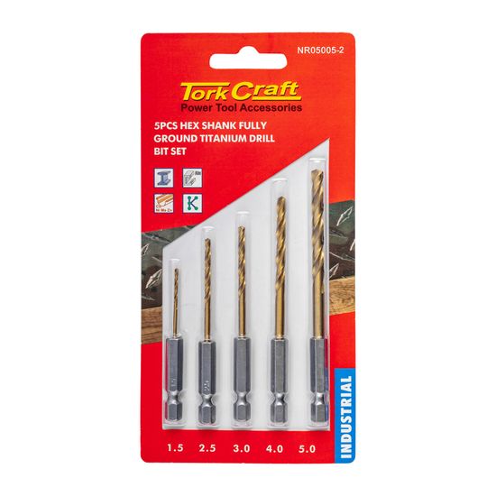 TORK CRAFT Drill Bit Set 5pcs Hss Fully Ground Titanium Hex Shank 1.5/2.5/3/4/5mm