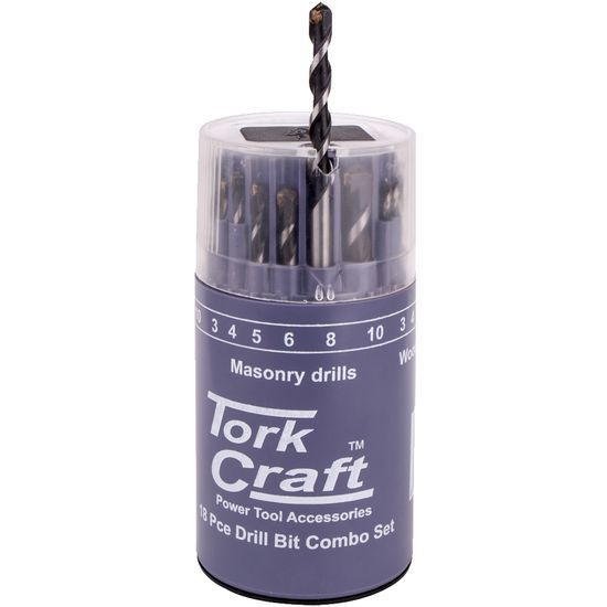 TORK CRAFT Drill Bit 18 Set Combo Wood + Masonry + Hss In Plastic Container