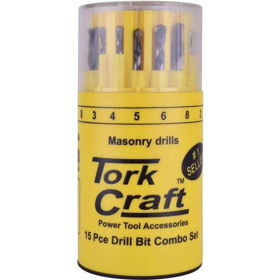TORK CRAFT Drill Bit 15pc Set Combo Wood + Masonry + Hss In Plastic Container
