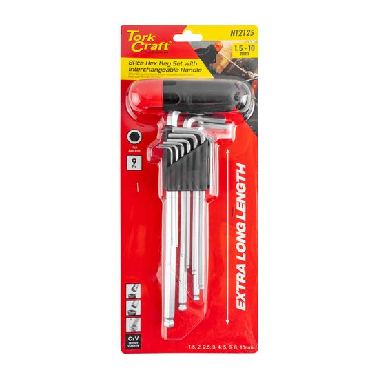 TORK CRAFT 9pc Ball Point Allen Key Set With Interchangeable Handle