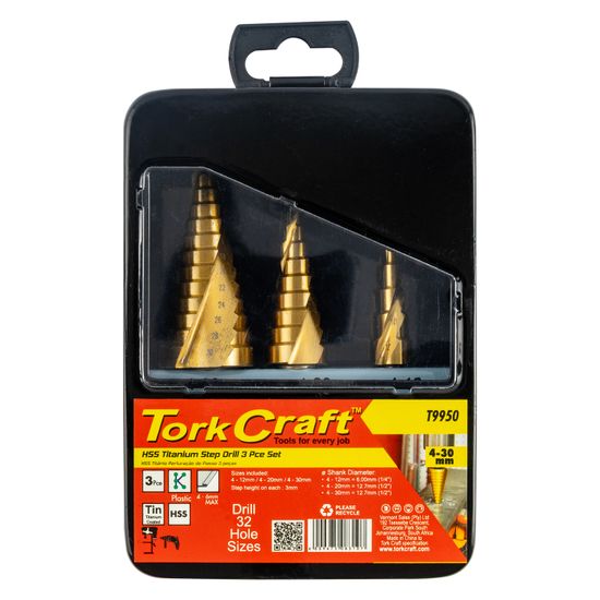 TORK CRAFT Step Drill Set 3 Pce Hss In Plastic Case