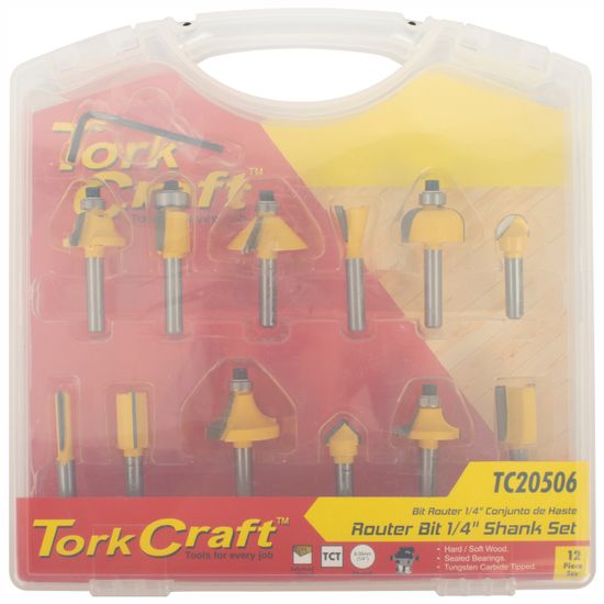 TORK CRAFT Router Bit Set 12pc 1/4' Straight & Profile