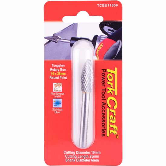 TORK CRAFT Rotary Burr Tungsten 10x25x6mm Round Point