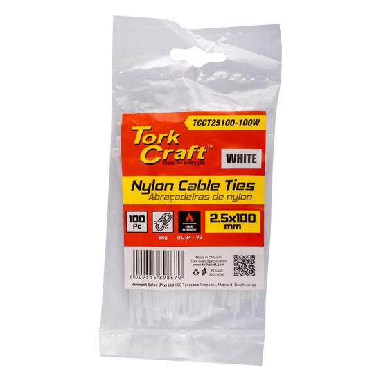 TORK CRAFT Nylon Cable Ties 2.5mm X 100mm White 100pc