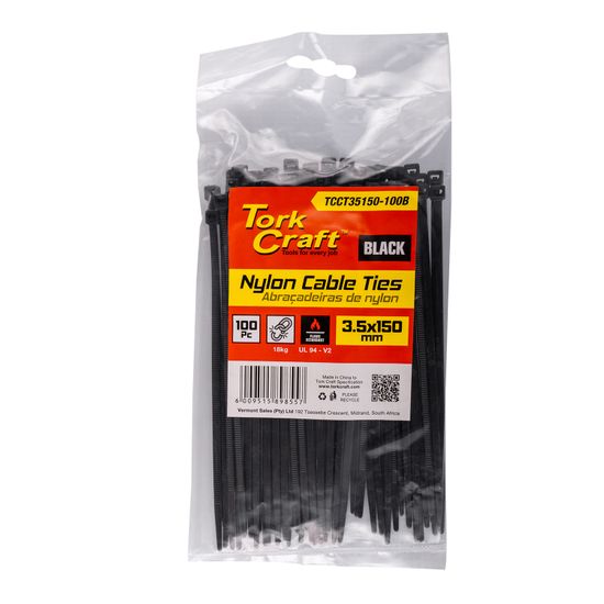 TORK CRAFT Nylon Cable Ties 3.5mm X 150mm Black 100pc