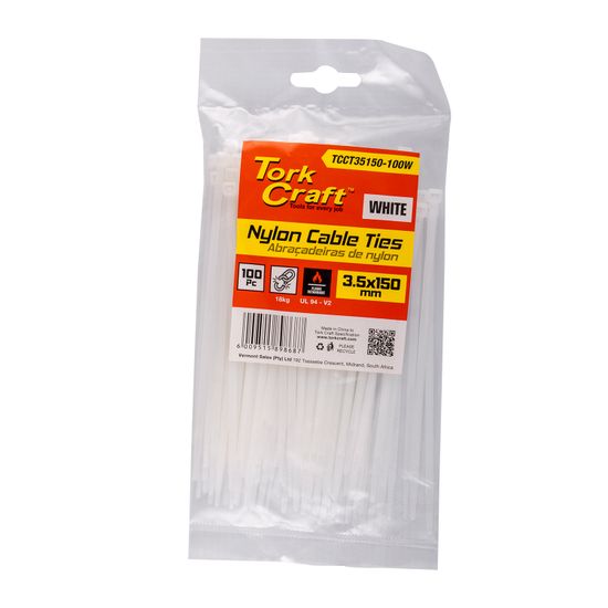 TORK CRAFT Nylon Cable Ties 3.5mm X 150mm White 100pc