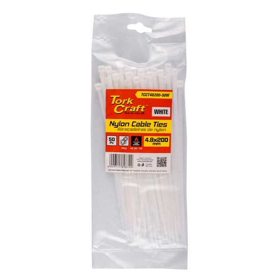 TORK CRAFT Nylon Cable Ties 4.8mm X 200mm White 50pc