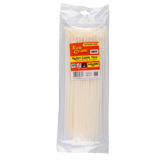 TORK CRAFT Nylon Cable Ties 4.8mm X 300mm White 100pc
