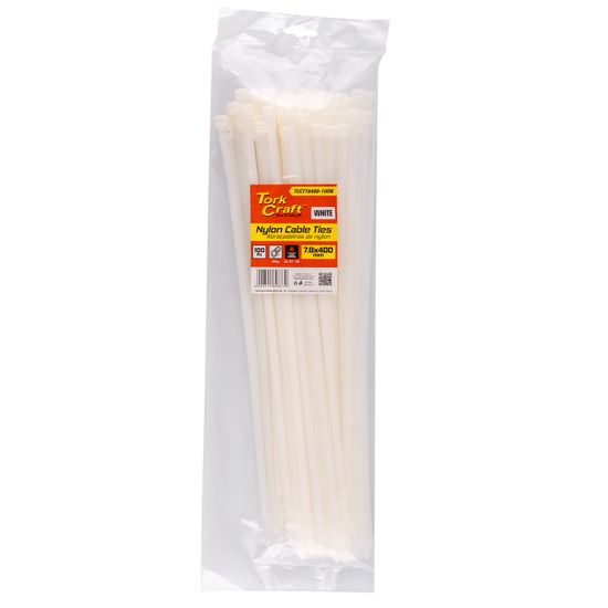 TORK CRAFT Nylon Cable Ties 7.6mm X 400mm White 100pc