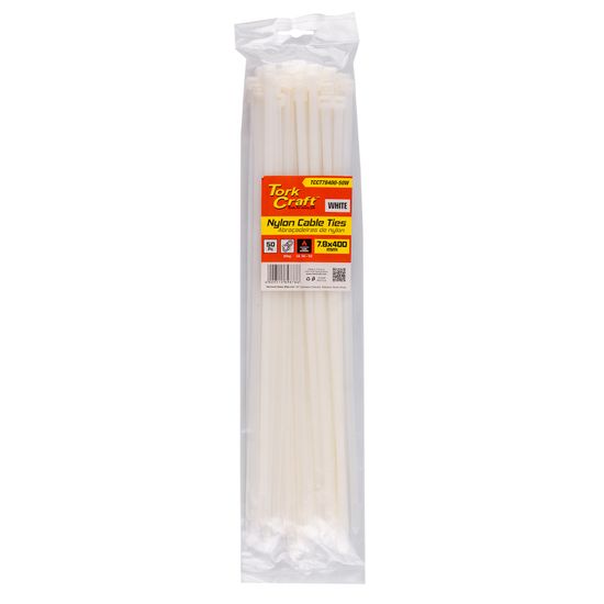 TORK CRAFT Nylon Cable Ties 7.6mm X 400mm White 50pc