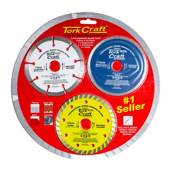 TORK CRAFT Diamond Blade 3pce Set 115 Con Seg Turbo Colour Pack