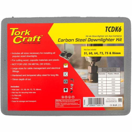 TORK CRAFT Downlighter Holesaw Set 6pce 51 60 64 72 75 86