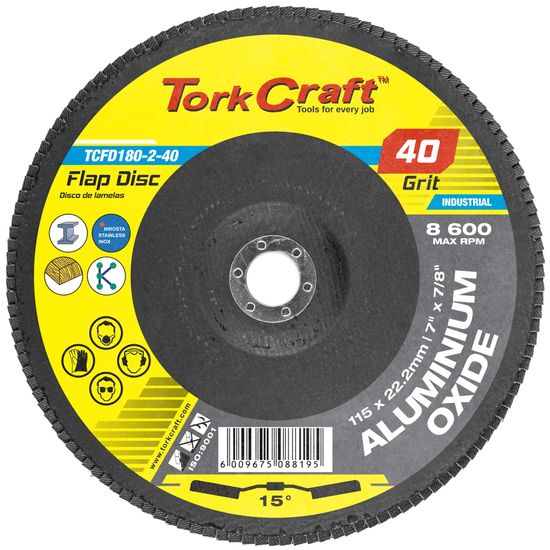 TORK CRAFT Flap Disc 180mm 15 Deg.angle 40grit A/o