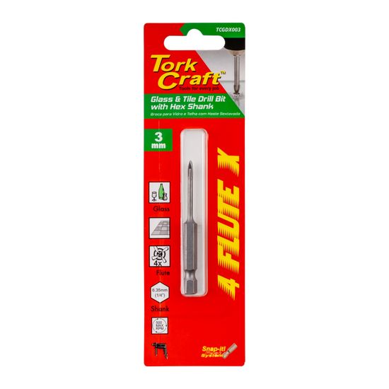 TORK CRAFT Glass & Tile Drill 3mm 4 Flute With Hex Shank