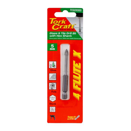 TORK CRAFT Glass & Tile Drill 5mm 4 Flute With Hex Shank