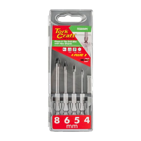TORK CRAFT Glass & Tile Drill 4 Flute Set 4pc 4/5/6/8mm In Plastic Case