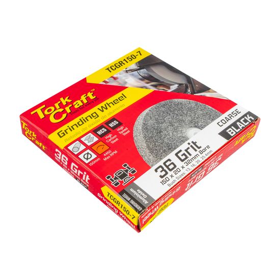 TORK CRAFT Grinding Wheel 150x20x32mm Black Coarse 36gr W/bushes For Bench Grin