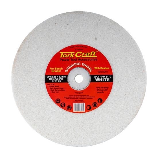 TORK CRAFT Grinding Wheel 200x25x32mm White Coarse 36gr W/bushes For Bench Grin