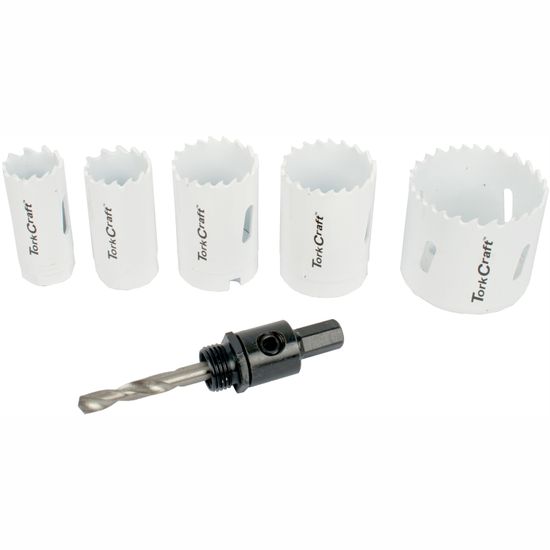 TORK CRAFT Hole Saw Set 6pce Bi-metal (22/25/32/35/51mm & 3/8 Hex Mandrel)