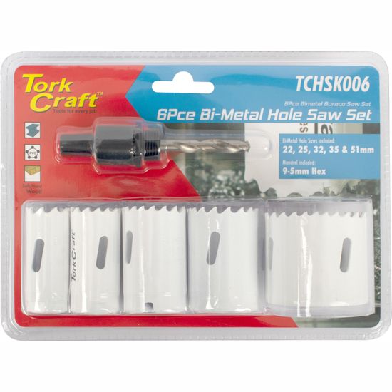 TORK CRAFT Hole Saw Set 6pce Bi-metal (22/25/32/35/51mm & 3/8 Hex Mandrel)