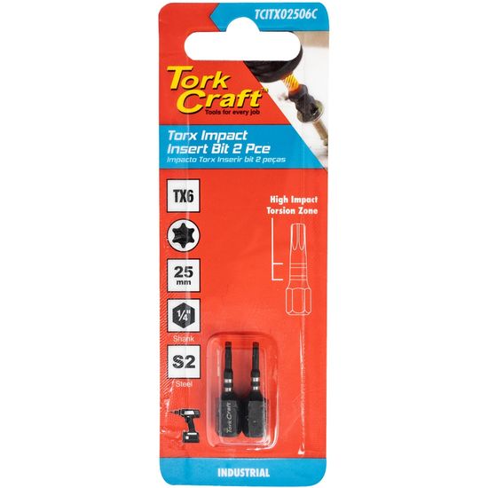 TORK CRAFT Torx Tx 6 Impact Insert Bit 25mm 2pc Carded