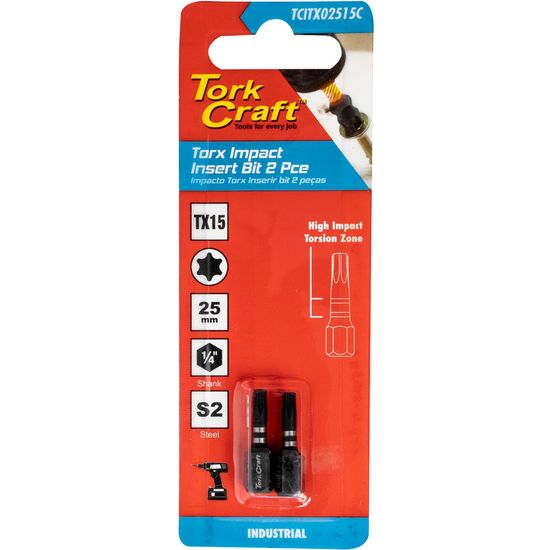 TORK CRAFT Torx Tx 15 Impact Insert Bit 25mm 2pc Carded