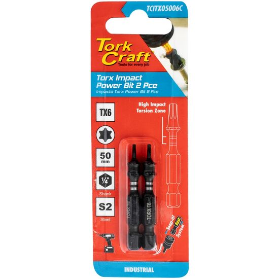 TORK CRAFT Torx Tx 6 Impact Power Bit 50mm 2pc Carded