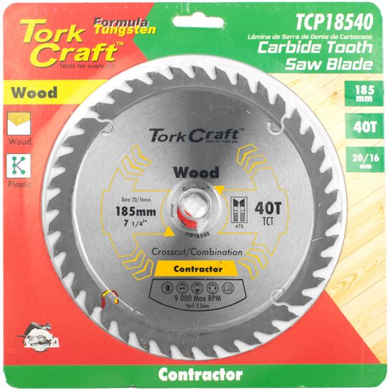 TORK CRAFT Blade Contractor 185 X 40t 20/16 Circular Saw Tct