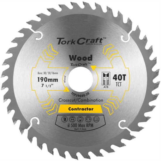 TORK CRAFT Blade Contractor 190 X 40t 30/20/16 Circular Saw Tct
