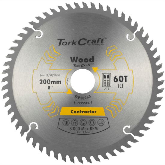 TORK CRAFT Blade Contractor 200 X 60t 30/20/16 Circular Saw Tct