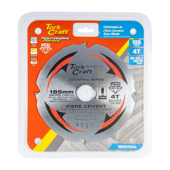 TORK CRAFT Pcd Saw Blade 185mm X 4t X 30/20/16mm Fibre Cem. Mdf Chipboard