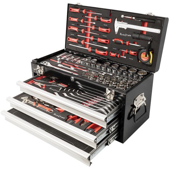 TORK CRAFT Tool Box 154 Pce 3 Drawer & Top Tray 535x255 X 315mm Track Box