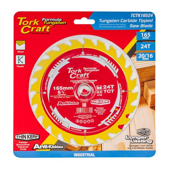 TORK CRAFT Tct Saw Blade 165mm X 1.6mm X 20mm X 24t Wood Thin Kerf