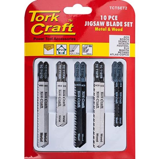 TORK CRAFT Jigsaw Blade Set 10 Pce For Metal & Wood T - Shank