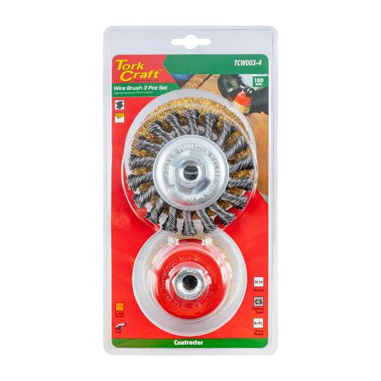 TORK CRAFT Wire Brush Set 3pce 100mm Twist Knot Wheel