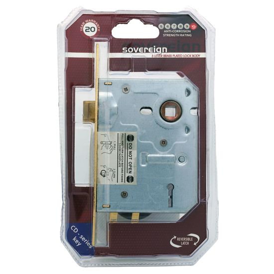 L&b Lock Mortise Sovereign 3 Lever Brass Plated Blister Sabs