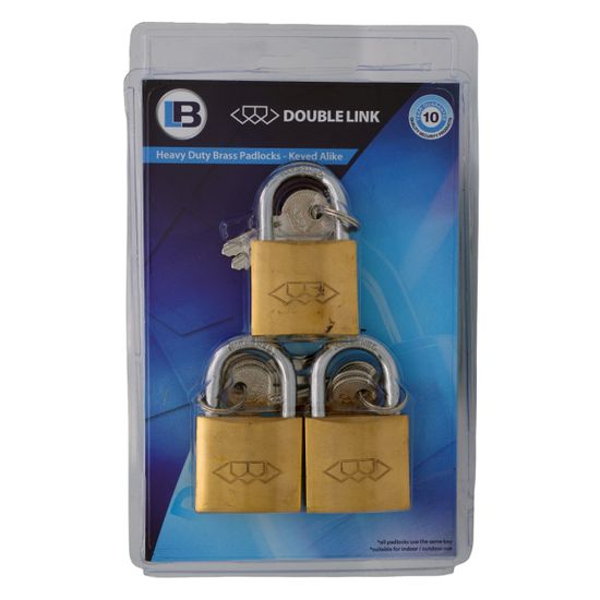 L&b Padlock Double Link Keyed Alike Brass Trio 38mm