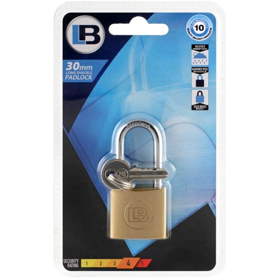 L&b Padlock Long Shackle Brass 30mm